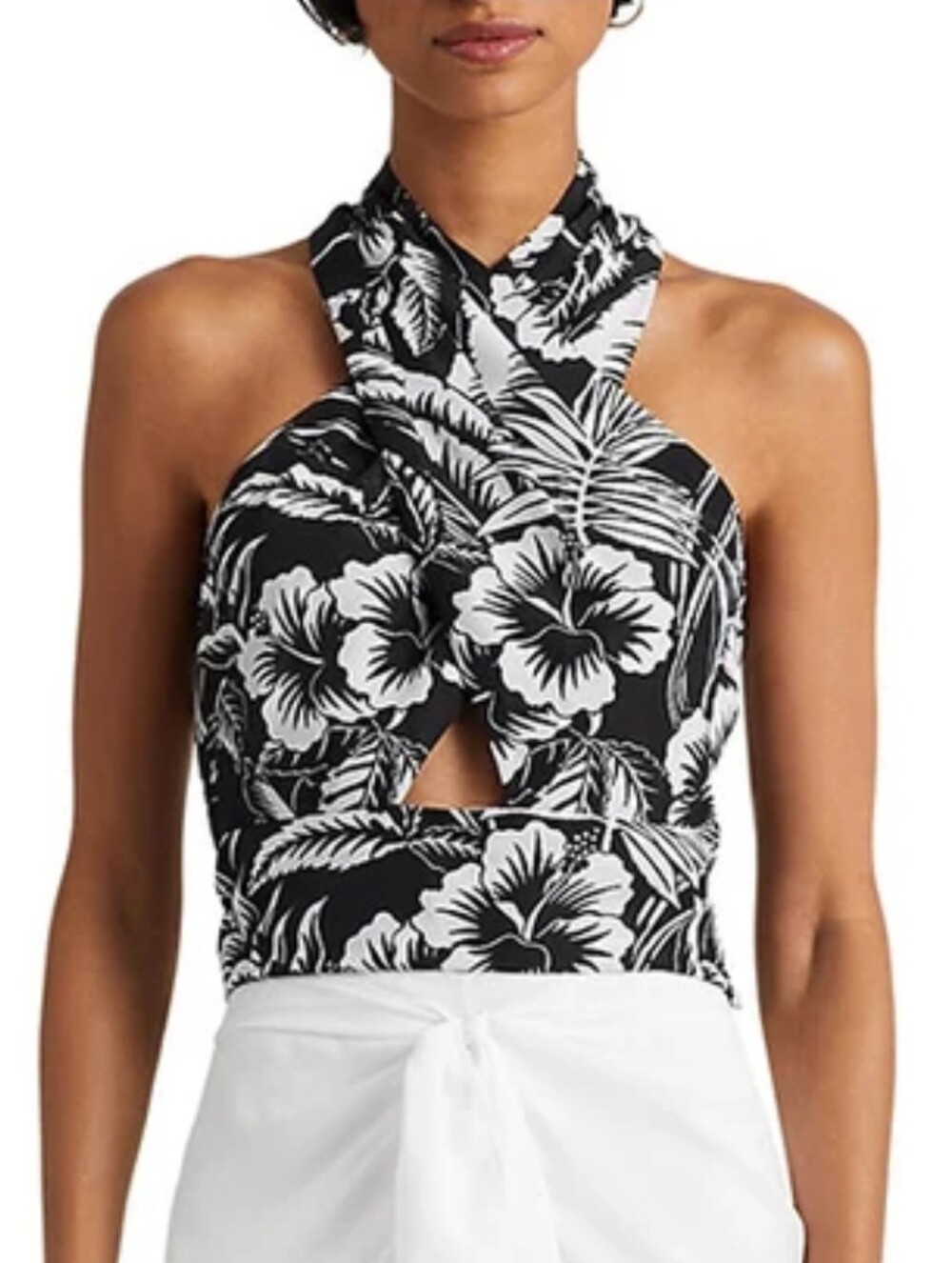 Ralph Lauren NEW Black Tropical Floral Crepe CrissCross Halter Blouse Top SZ XXL